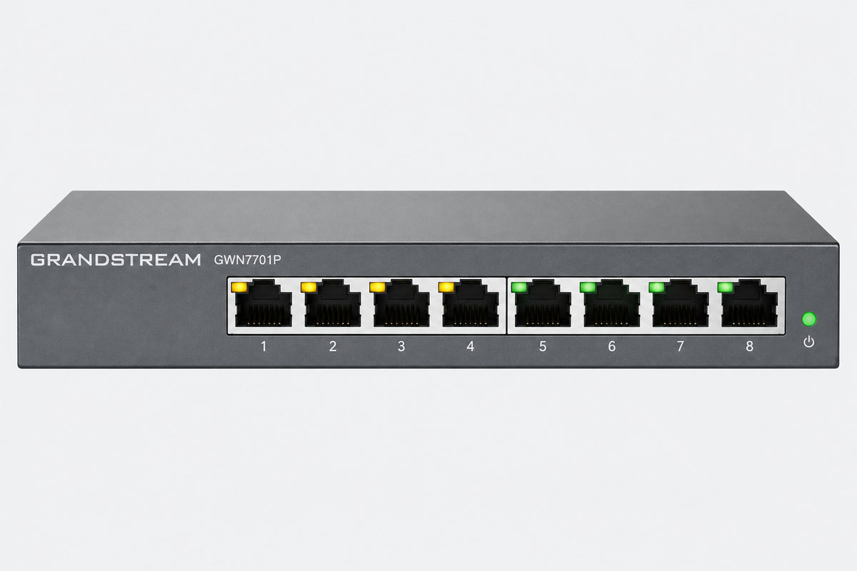 Nevaldomas tinklo komutatorius GWN7701P, 8x GbE RJ45, 4x PoE 802.3 af/at, 53.5V/1.22A PSU IĮ Signalita