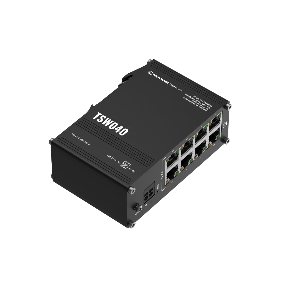 TELTONIKA 8 LAN PoE+ 10/100 Mbps prievadų industrinis DIN rail nevaldomas komutatorius TSW040
